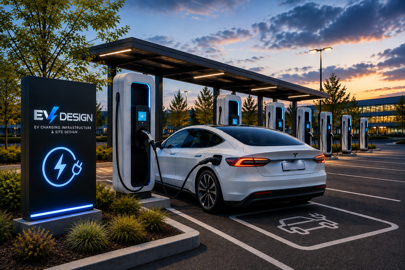 Rapid EV charging hub with covered bays and high-power chargers