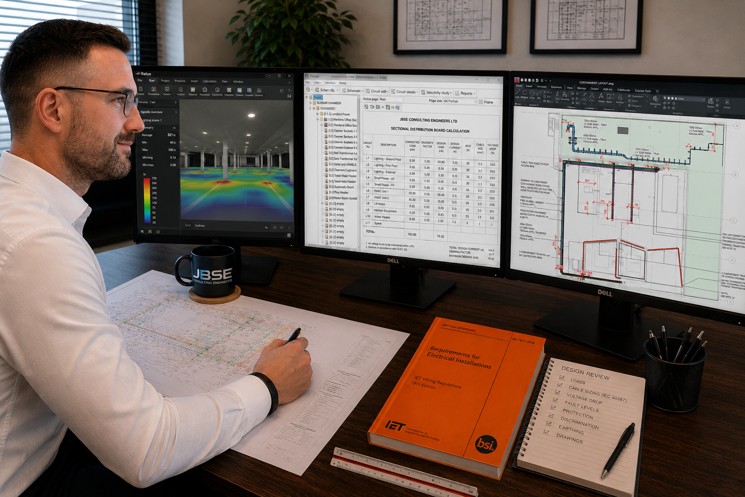 JBSE engineer working on distribution board calculations, lighting modelling and containment layouts